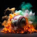 Colorful baseball pops against a mysterious, smoky backdrop