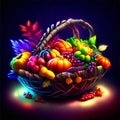 Colorful basket with fruits and vegetables on dark background. Vector illustration. AI generated