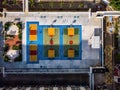 Colorful basketball courts from above in Hong Kong