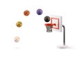 Colorful basketballs collection shot to hoop vector illustration on the white background. Sport color balls isolated