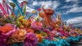 Colorful Batalla de Flores parade float with tropical decor Royalty Free Stock Photo