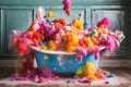 colorful bath bombs dissolving in an overflowing tub