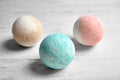 Colorful bath bombs on white background