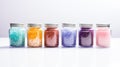 Colorful bath salt in glass bottles on white background with reflection. Generative AI