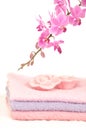 Colorful bathroom set with towels and orchid Royalty Free Stock Photo