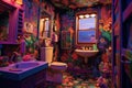 a colorful bathroom with a sink toilet and a window