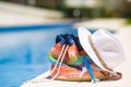 Colorful beach bag, straw hat and airplane model Royalty Free Stock Photo