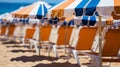 Colorful beach boardwalk with vibrant huts and sun umbrellas, ideal for summer promotion