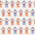 Colorful beach houses. Seamless watercolor pattern in cartoon style for print. Cute baby illustration. Royalty Free Stock Photo