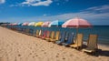 Colorful beach huts and flowers on lively seaside boardwalk for summer fashion promotion Royalty Free Stock Photo