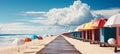 Colorful beach huts on a seaside boardwalk, ideal for summer apparel or beach accessories promotion