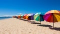 Colorful beach huts and sun umbrellas on vibrant seaside boardwalk for summer fashion promotion