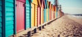 Colorful beach huts and sun umbrellas on a vibrant seaside boardwalk for summer promotion