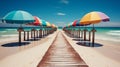 Colorful beach huts on vibrant boardwalk, ideal for promoting summer apparel and beach accessories