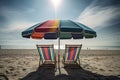 Colorful Beach Loungers And A Parasol On The Scenic Seaside Under Blue Cloudy Sky - Generative AI