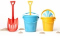 colorful Beach Playset with Bucket, Shovel, and Rake on a White Background -Generative Ai