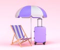 Colorful beach rings, chair, umbrellas and lugagge on pink background.