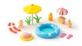 Colorful beach scene with pool and accessories Royalty Free Stock Photo