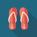 Colorful beach slippers flat square icon with long shadows. Royalty Free Stock Photo