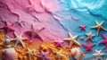 Colorful Beach Theme With Starfish and Seashells on a Gradient Pink and Blue Background Royalty Free Stock Photo