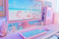 Colorful beach-themed computer setup with starfish, seashell decoration and ocean wallpaper