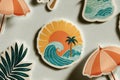 Colorful beach-themed stickers with sun, waves, and palm tree designs arranged on a light surface Royalty Free Stock Photo