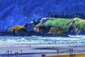 Colorful Beach Tourists Cliffs Trees Canon Beach Oregon