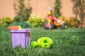 Colorful beach toys with the kids tricycle Royalty Free Stock Photo