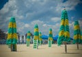 Colorful beach umbrellas on a deserted beach