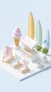 Colorful beachside ice cream stand with surfboards and deck chairs on the sand Royalty Free Stock Photo
