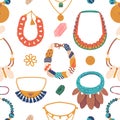 Colorful Bead And Necklace Seamless Pattern. Intricate Design With Beads In Various Shapes And Sizes Vector Illustration