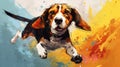 Colorful Beagle Running In Aggressive Digital Illustration Style