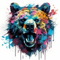 Colorful Bear Head in Dark Bronze and Azure Neonpunk Style Lith Print. Royalty Free Stock Photo