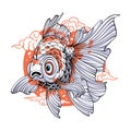 colorful Beautiful chef fish with long fins and tail on circle and clouds background for t shirt