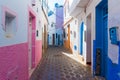 Colorful beautiful street of white ancient medina of the Asilah village, Morocco