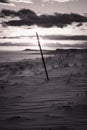 Black and White Beach Landscape Portrait with Metal Stake in Sand