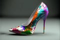 Colorful beautiful women's shoe with paint smudges on a high heel.Fashion illustration concept shoe model.