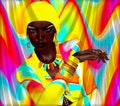 Colorful beauty and fashion digital art scene with African model posing against a bright abstract background.