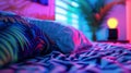 A colorful bed with a pillow and blanket on it in front of the window, AI Royalty Free Stock Photo