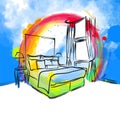 Colorful bedroom hotel drawing concept