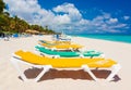 Colorful beds at a tropical beach in Cuba