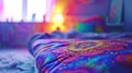 A colorful bedspread with a pattern on it in front of the window, AI