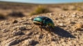 Iridescent Jewel Beetle Crawling on Arid Desert Ground Surface in Close Up Royalty Free Stock Photo