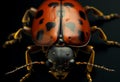 Colorful beetle eats green leaves closeup. Leptinotarsa . Adult Colorado beetle