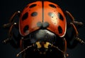 Colorful beetle eats green leaves closeup. Leptinotarsa . Adult Colorado beetle