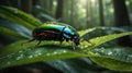 Iridescent Jewel Beetle Walking on Leaf with Water Droplets in Lush Forest Royalty Free Stock Photo