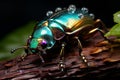 a colorful beetle is sitting on top of a log