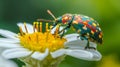 A colorful beetlelike dinosaur balances on the edge of a delicate white flower its small body covered in yellow pollen