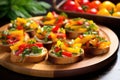 colorful bell pepper bruschetta on a circular metal tray