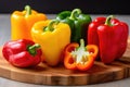 colorful bell peppers cut in half on a wooden chopping board Royalty Free Stock Photo